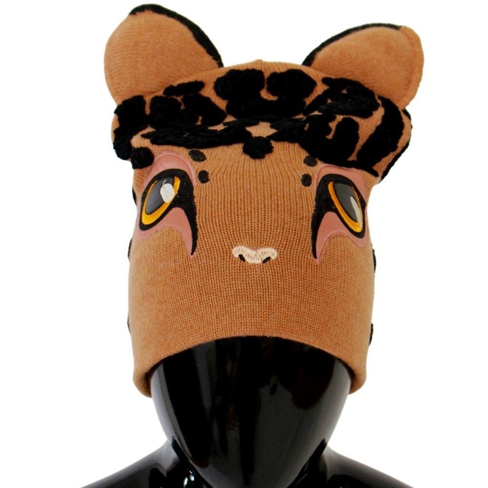 DOLCE & GABBANA Hat Cashmere Brown Cats Eye Embroidered Beanie Cap One Size